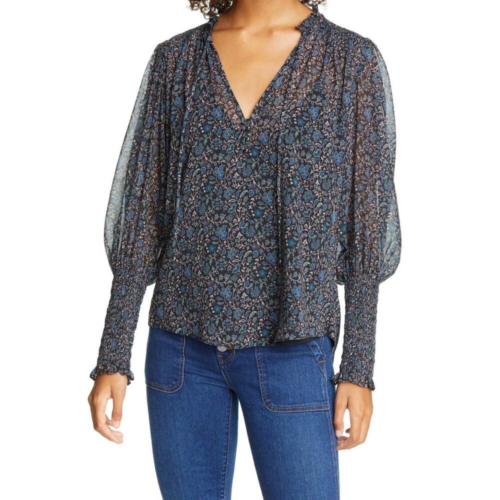 Veronica Beard Jaz Floral Balloon Sleeve Chiffon Blouse Sz 10 Multi Black Office